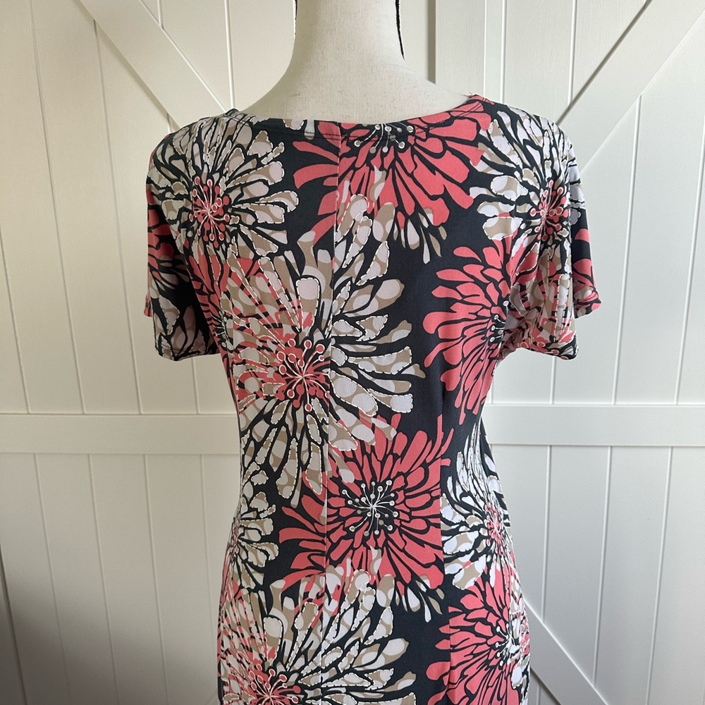 Robbie Bee Floral Side Tie Dress Coral White Gray Sheath Stretch PS Petite Small - Picture 4 of 7